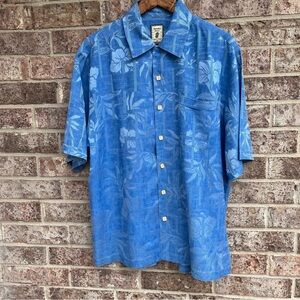 Jamaica Jaxx Mens Blue Hawaiian Floral Short Sleeve Shirt Size MEDIUM 100% Silk